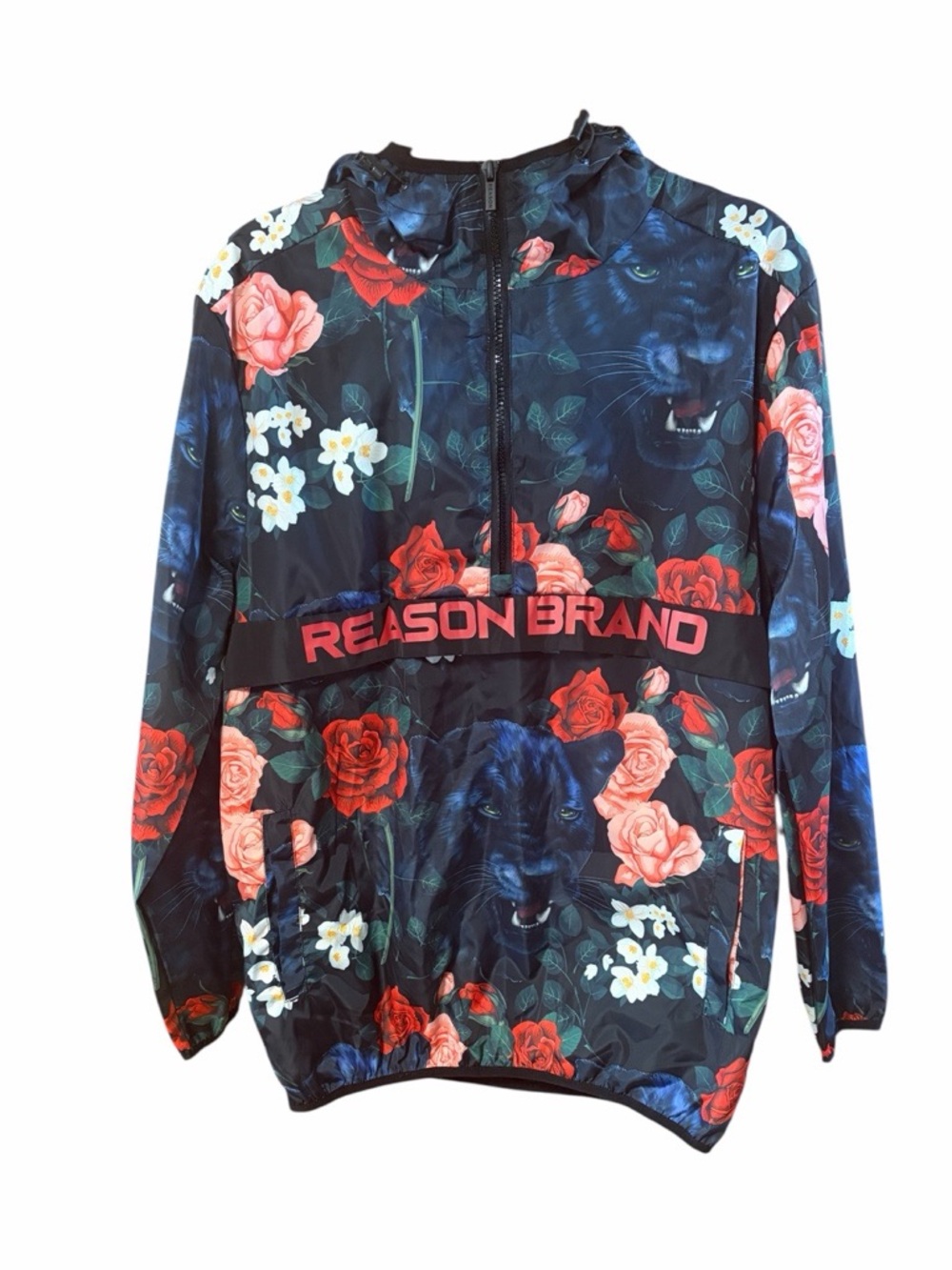 Reason Floral Panther Half Zip Hooded Windbreaker Jacket